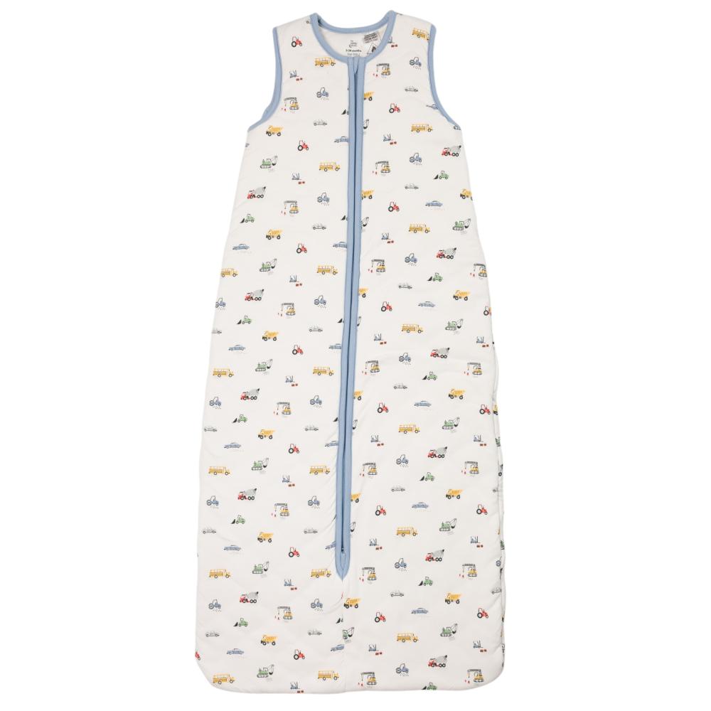 A white with transport print sleeveless cotton baby sleep sack shown flat against a white background.