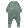 A green with safari print cotton baby sleep suit with sleeves shown flat against a white background.