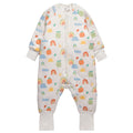 A white with rainbow print cotton baby sleep suit with sleeves shown flat against a white background.