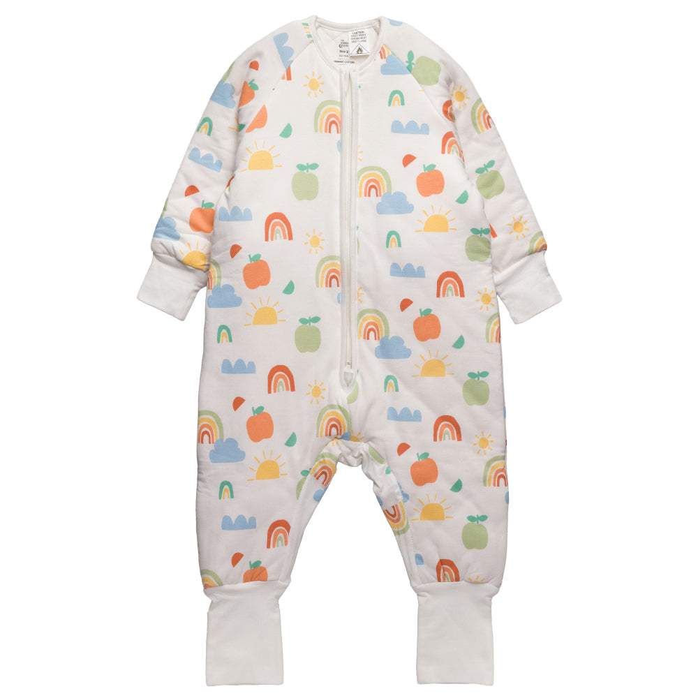 A white with rainbow print cotton baby sleep suit with sleeves shown flat against a white background.