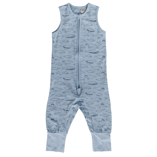 Light blue baby sleepsuit with whale pattern on a white background