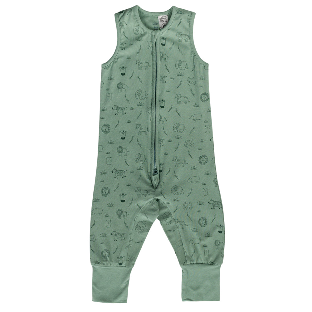 Green baby sleepsuit with animal pattern on a white background