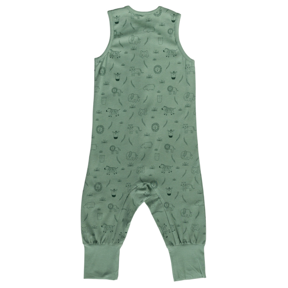 Green children's sleepsuit with animal pattern on a white background