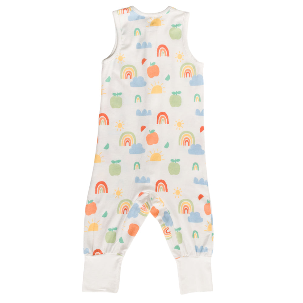 Baby sleepsuit with rainbow and cloud pattern on a white background