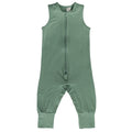 Green sleeveless baby sleepsuit with a zipper on a white background
