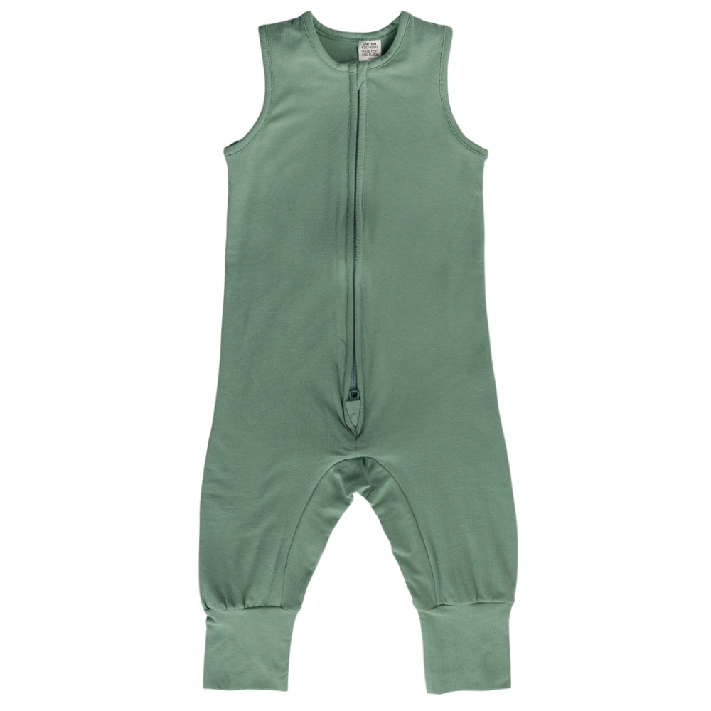 Green sleeveless baby sleepsuit with a zipper on a white background