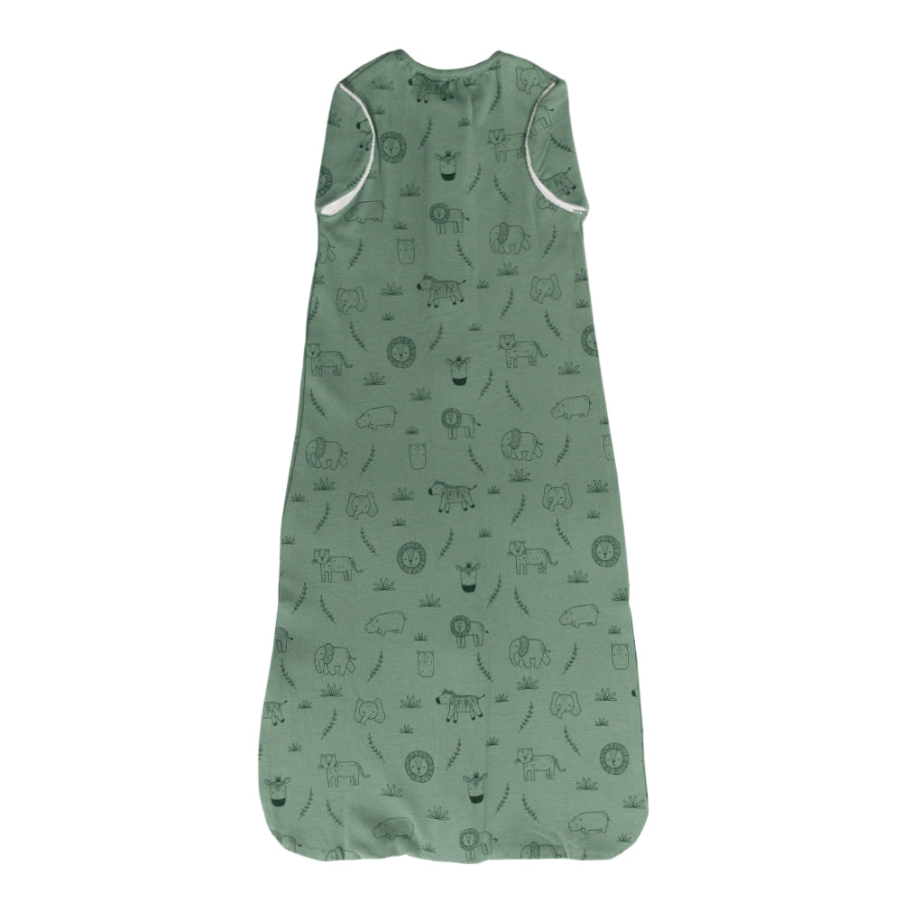 Green baby sleeping bag with animal pattern on a white background
