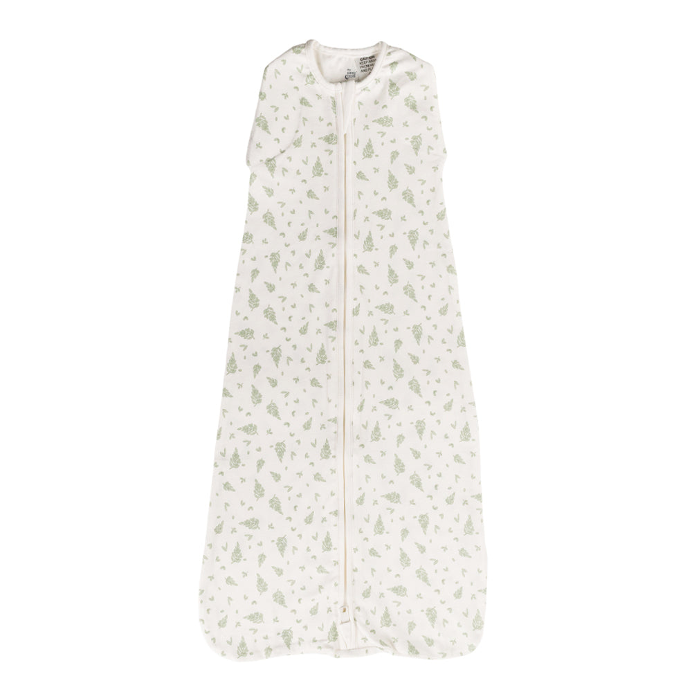 Organic cotton Baby sleeping bag with green pattern on a white background
