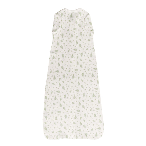 White organic cotton baby sleeping bag with green leaf pattern on a white background