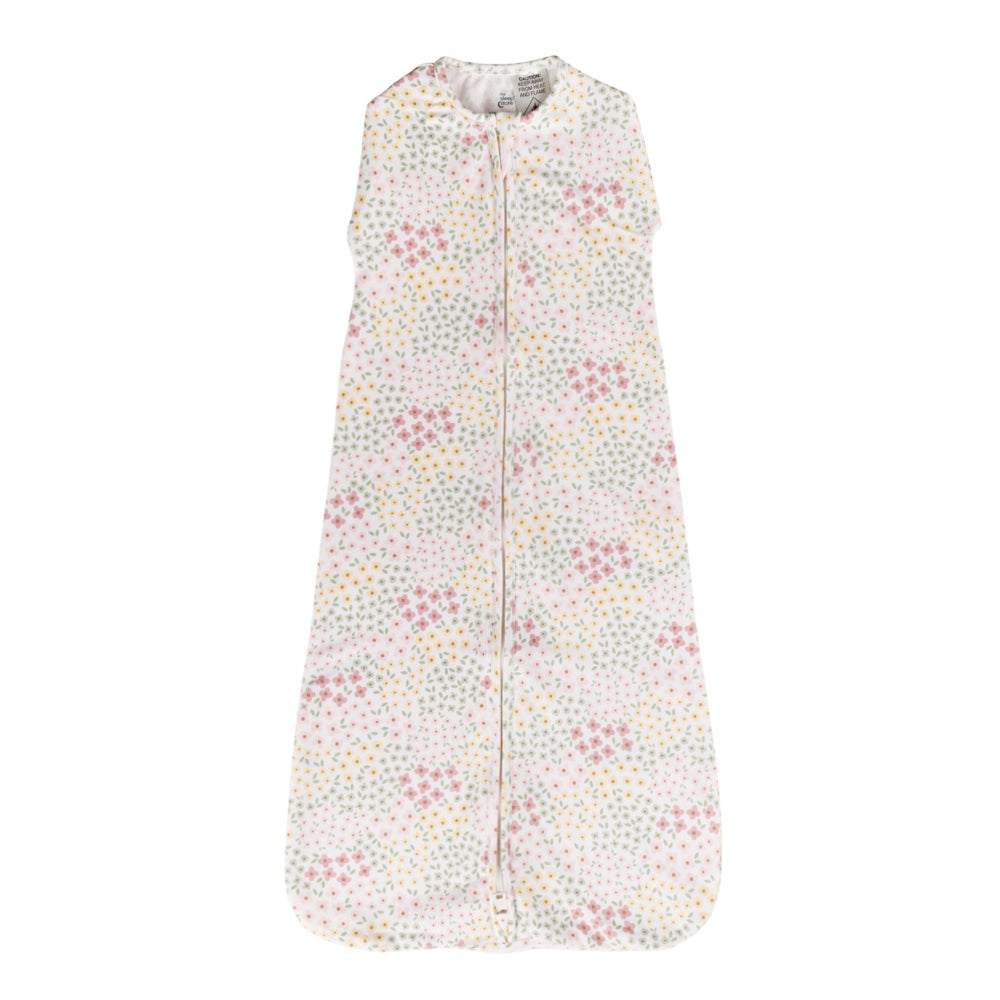 Floral patterned organic cotton baby sleeping bag on a white background