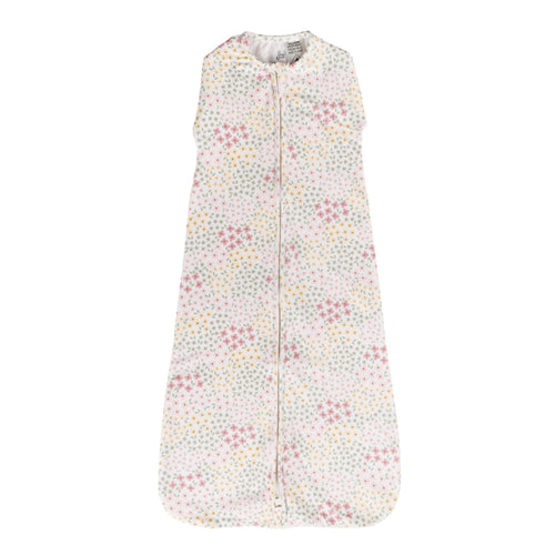 Floral patterned organic cotton baby sleeping bag on a white background