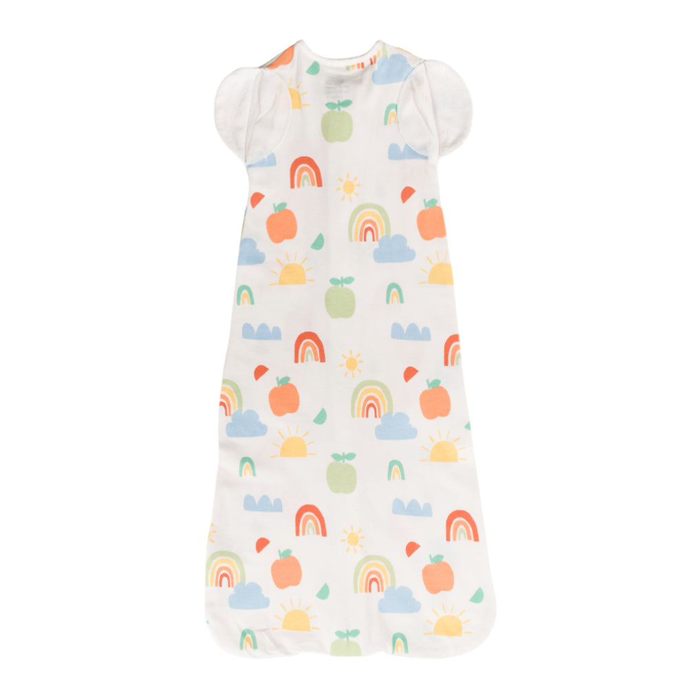 Organic cotton baby swaddle with colorful pattern on a white background