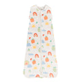Organic cotton baby sleeping bag with colorful patterns on a white background