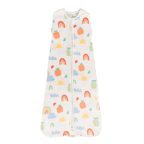 Organic cotton baby sleeping bag with colorful patterns on a white background