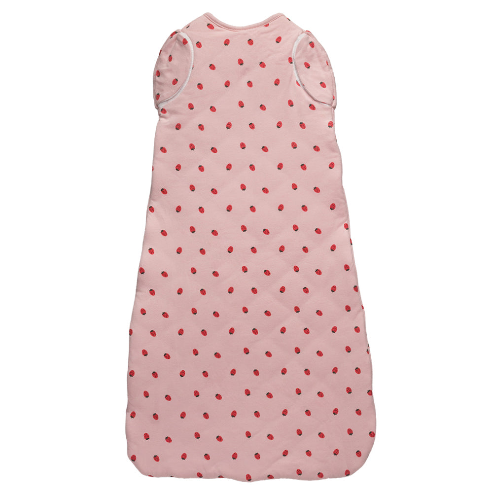 Pink baby sleeping bag with red strawberries on a white background