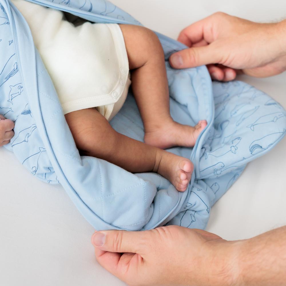 3.0 tog Organic Cotton Transition Swaddle Bag - Blue Whales