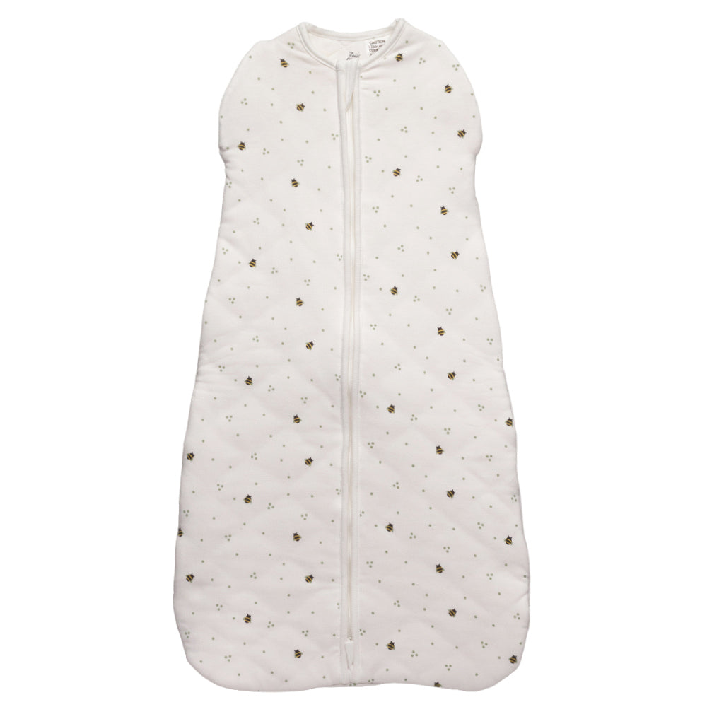 Cotton baby sleeping bag with bee pattern on a white background
