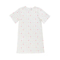 A short sleeve summer nightie with a hearts print, on a white background. 