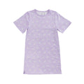 A lilac purple summer nightie with an all over floral print, on a white background. 