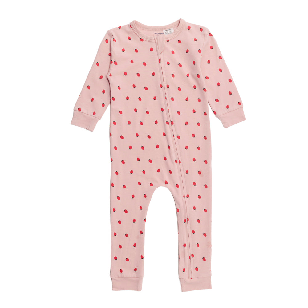 Pink baby onesie with red strawberries on a white background