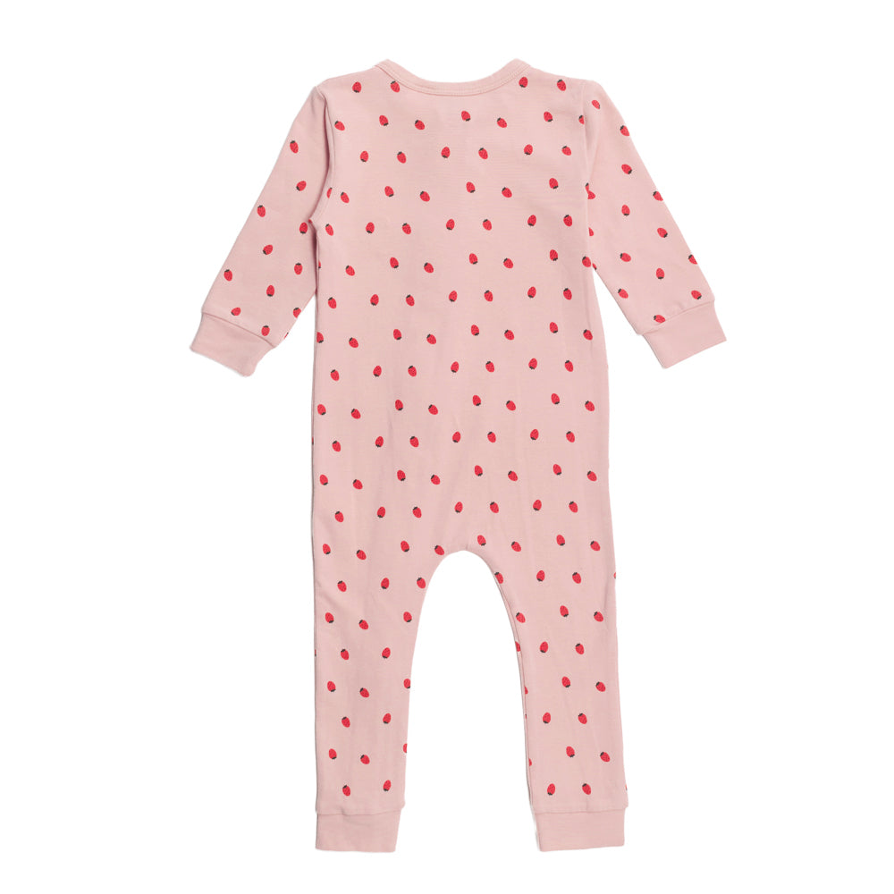 Pink baby onesie with red strawberries on a white background