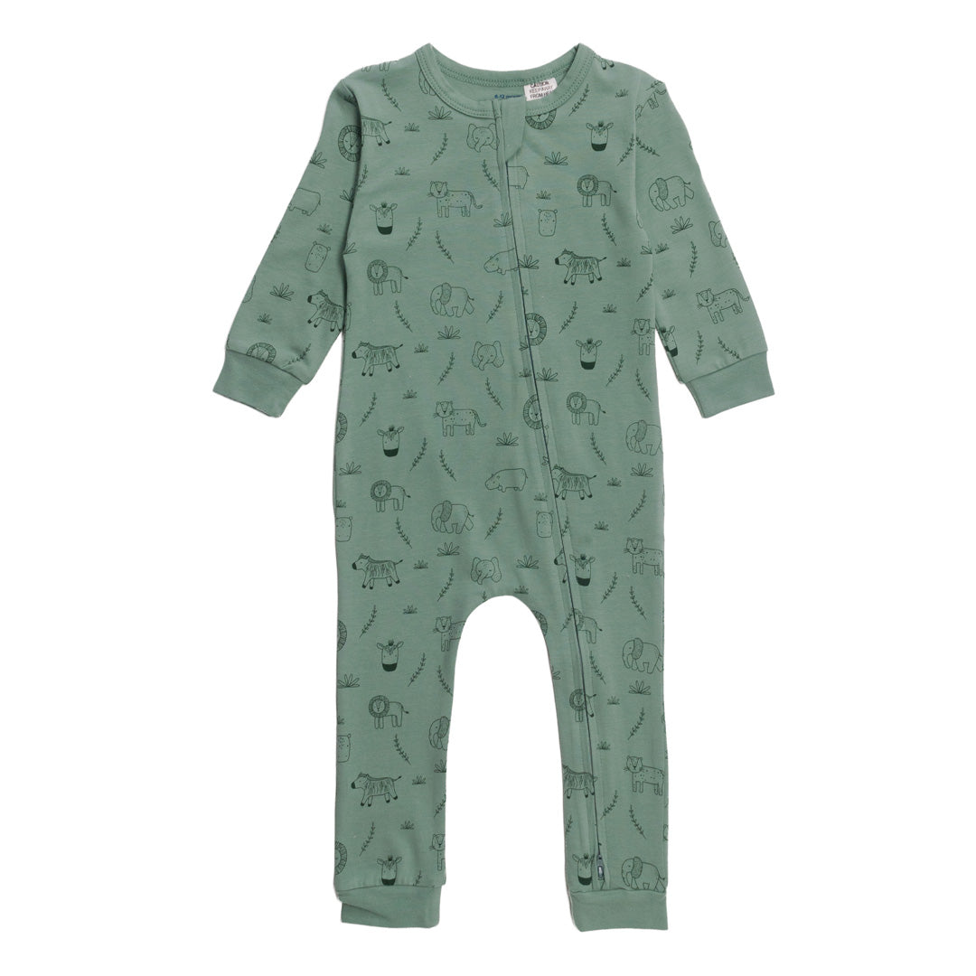 Green cotton baby onesie with animal pattern on a white background