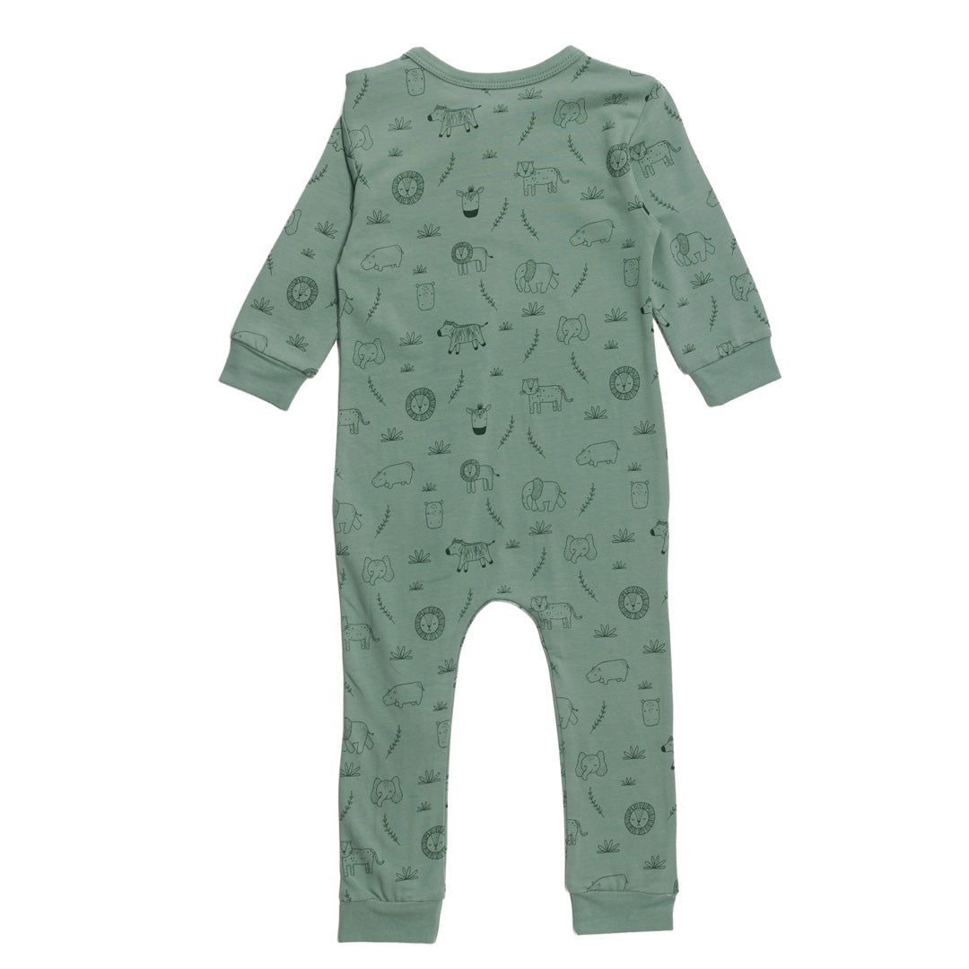 Green cotton baby onesie with animal pattern on a white background