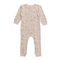 Beige cotton baby onesie with animal pattern on a white background