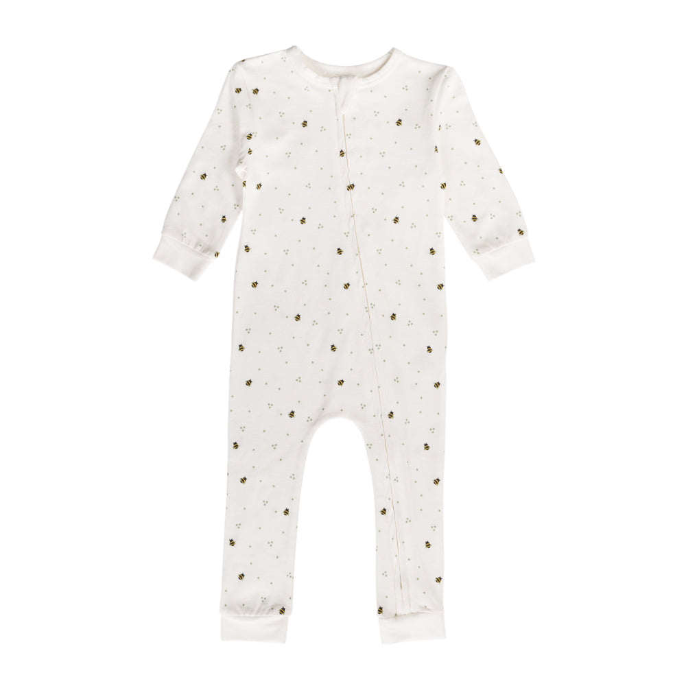 White cotton baby onesie with small patterns on a white background