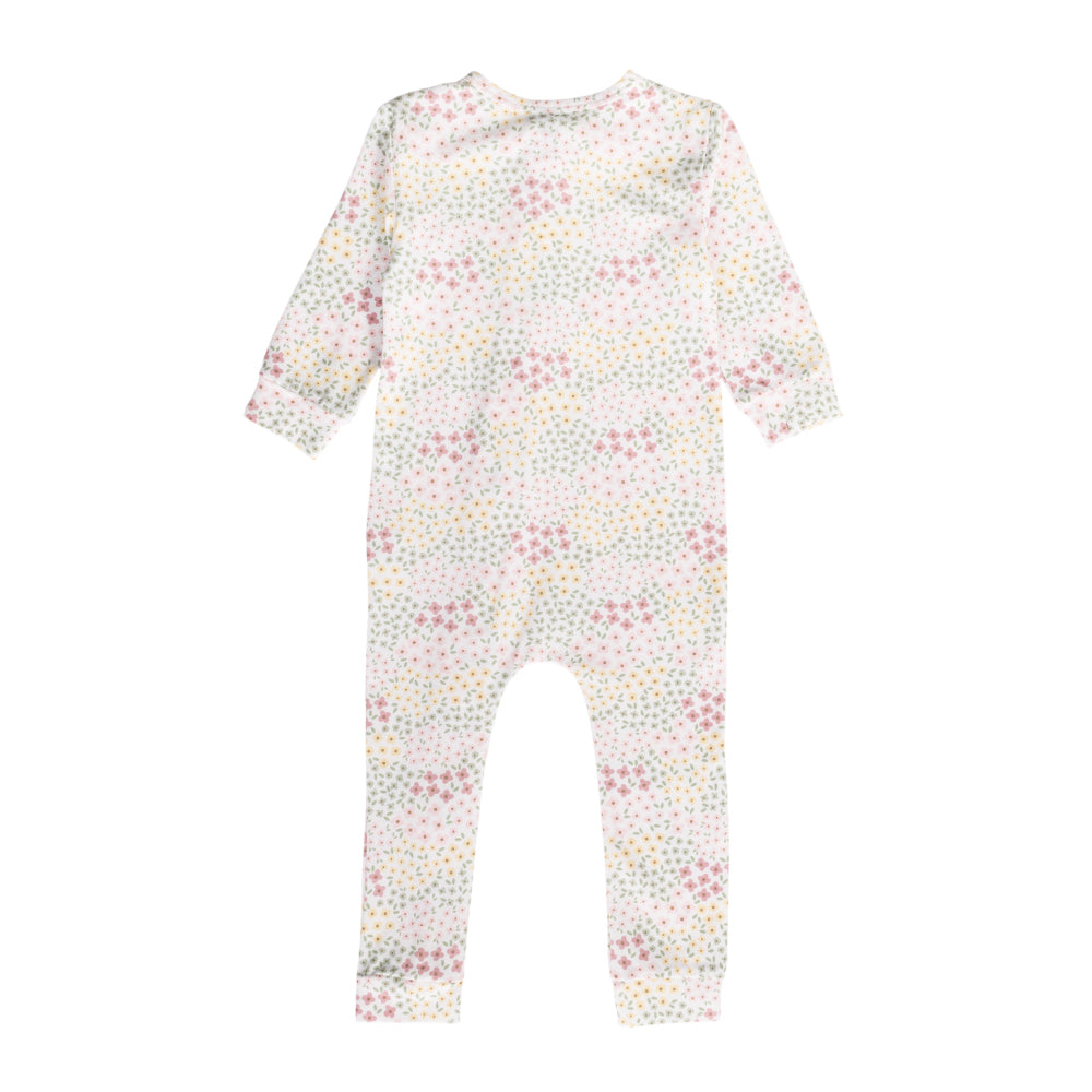 Cotton baby onesie with a colorful floral ditsy pattern on a white background