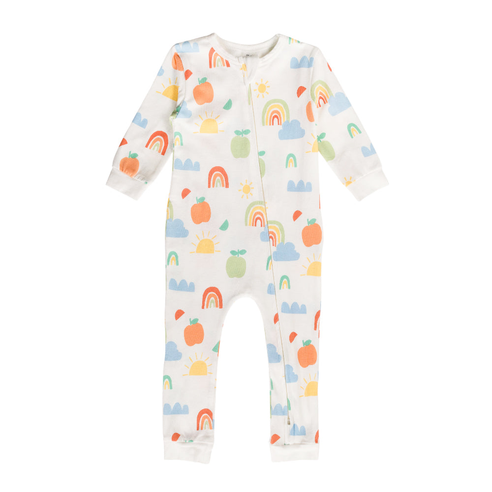 Cotton baby onesie with colorful patterns on a white background