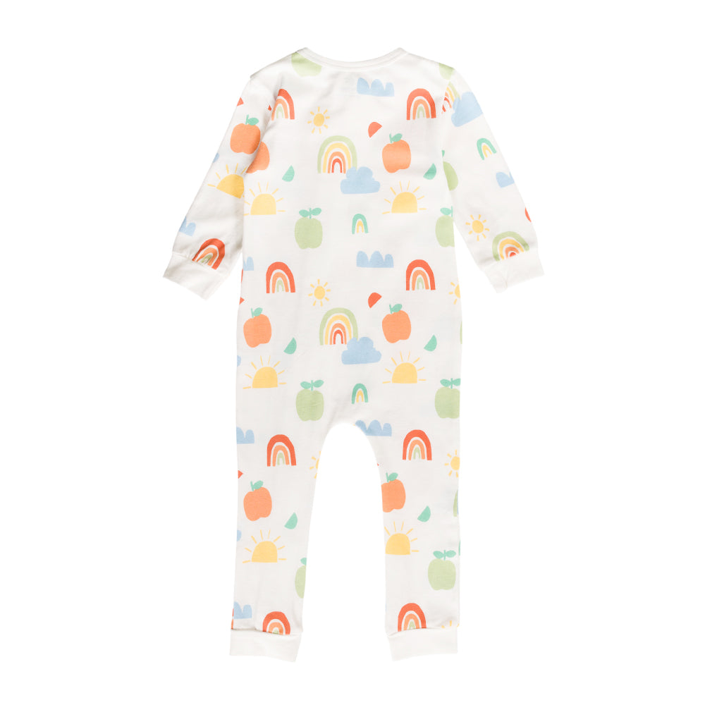 Cotton baby onesie with colorful patterns on a white background