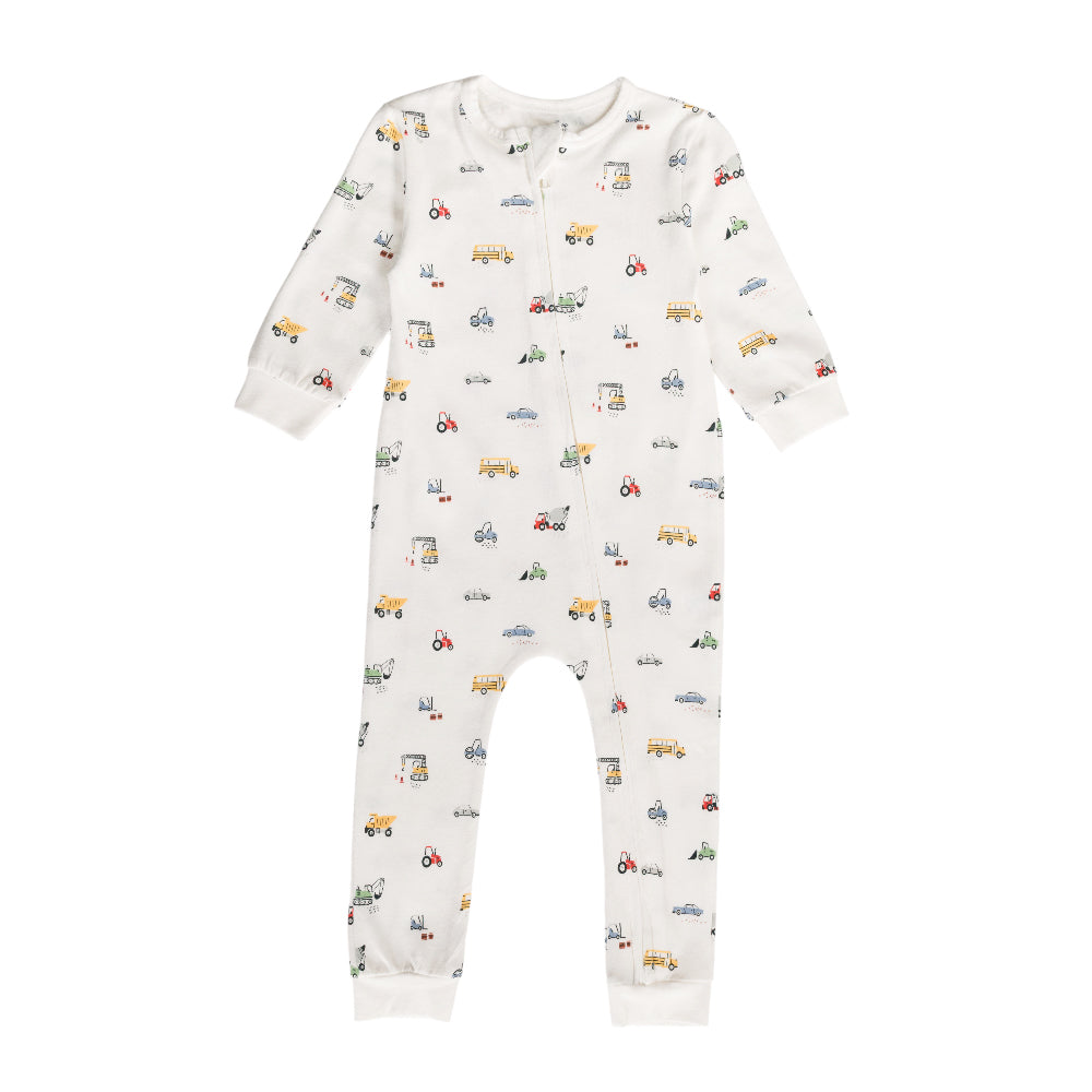 Cotton baby onesie with vehicle pattern on a white background