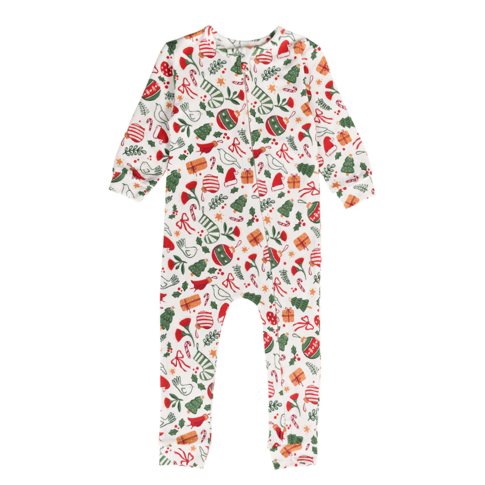 Christmas-themed cotton onesie with christmas patterns on a white background