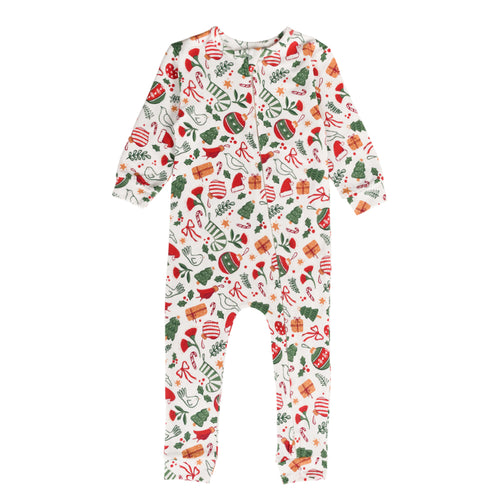 Christmas-themed cotton onesie with christmas patterns on a white background