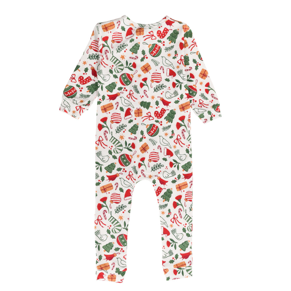 Christmas-themed baby cotton onesie with colorful patterns on a white background