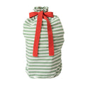 A filled Santa Sack in a green and white stripe on a white background. 