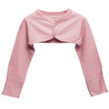 A dusty pink long-sleeve jersey merino cropped baby cosy arm warmer with a dome buttoned front, displayed flat against a solid white background.