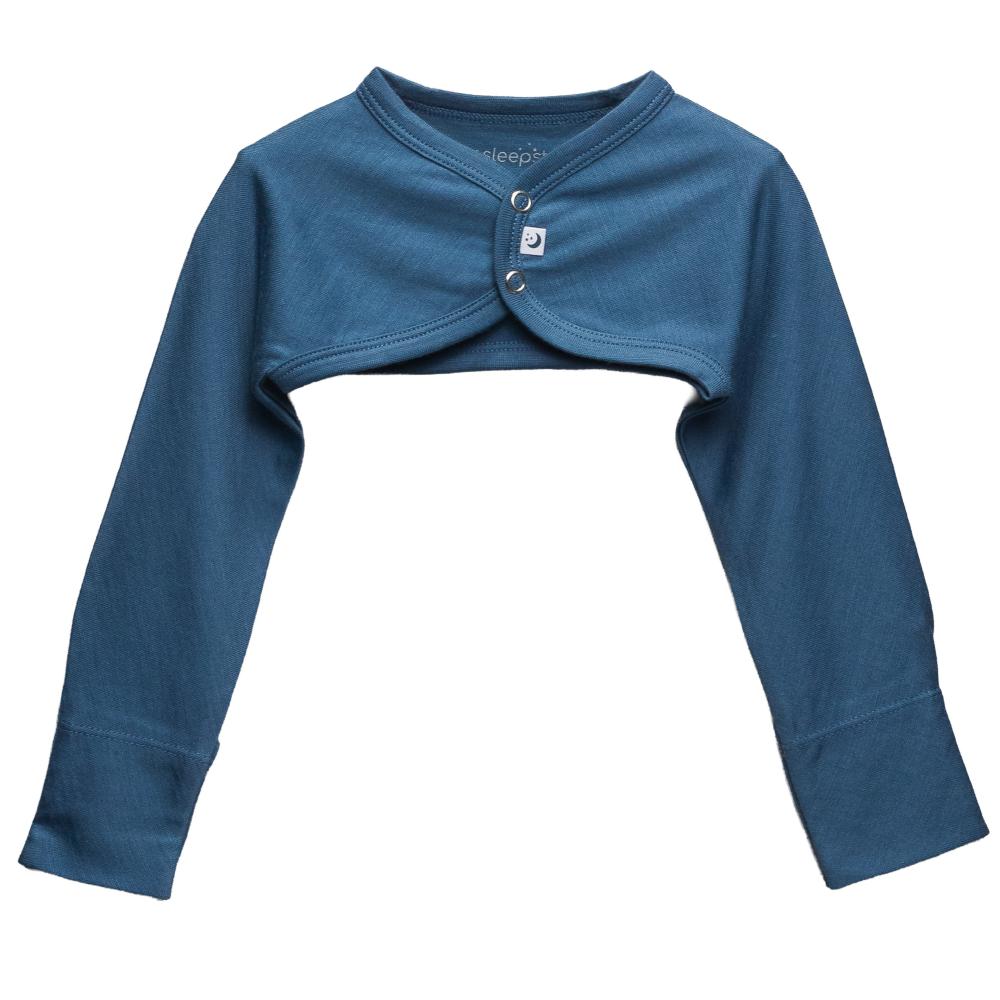 A blue long-sleeve jersey merino cosy arm warmers by The Sleep Store, featuring a snap-button closure at the neckline and a built-in cropped bolero-style overlay, shown against a plain white background.