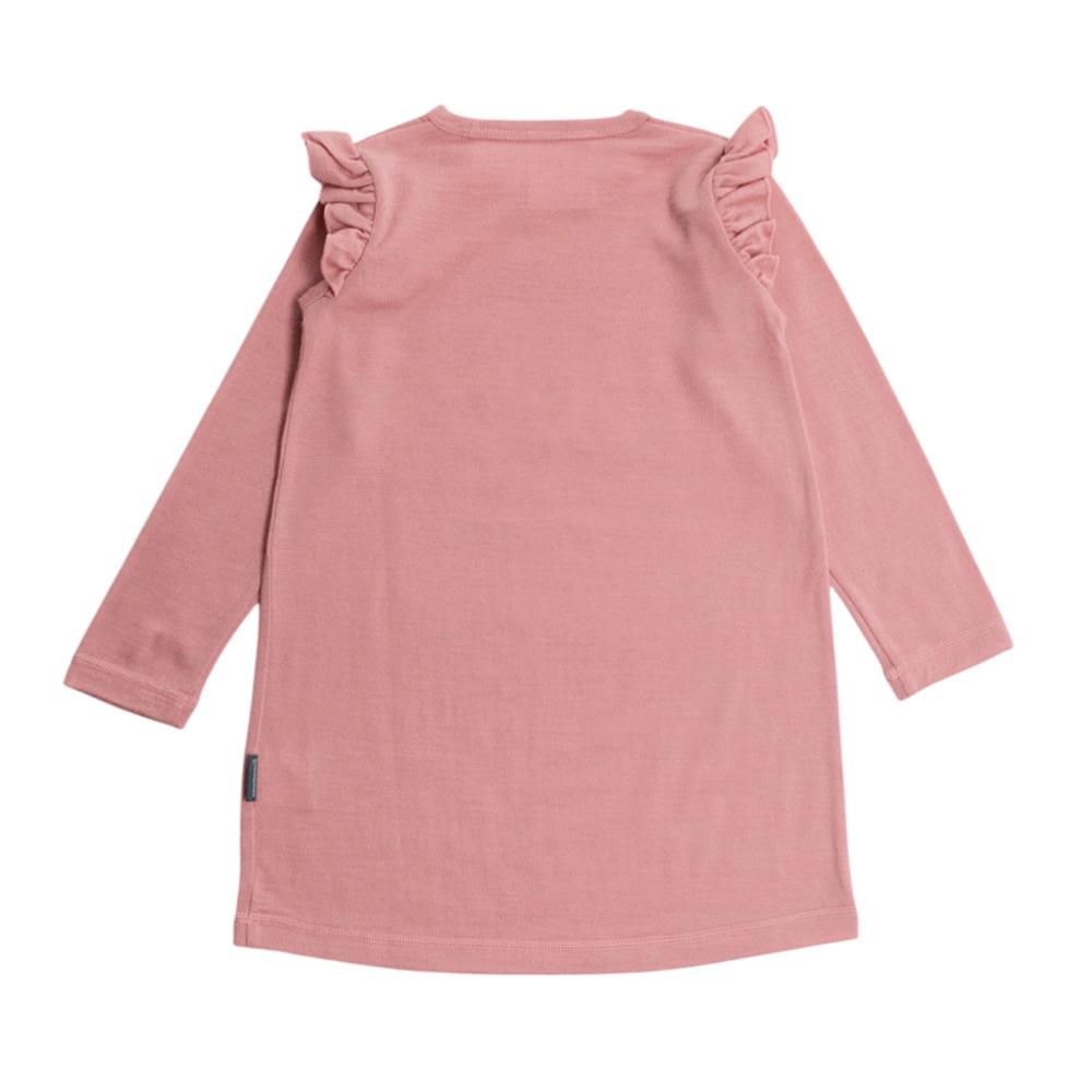 Pink merino nightie dress with ruffled shoulders on a white background