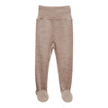 A pair of jersey merino baby leggings with integrated footies in a heathered taupe color, shown against a plain white background.