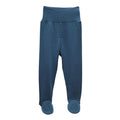 A pair of dark blue footed jersey merino pants with a wide waistband, shown against a plain white background.