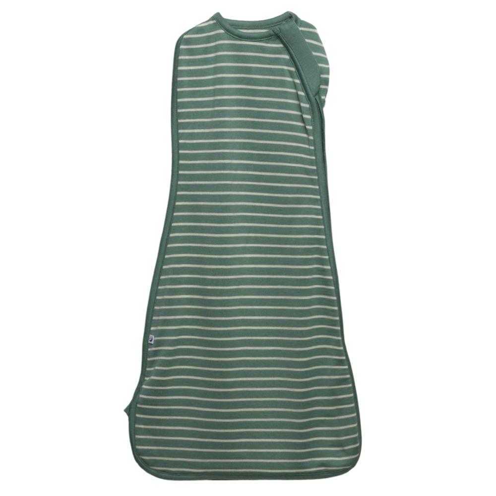Green and white striped merino swaddle on a white background