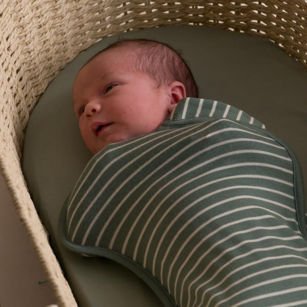 Newborn baby wrapped in a green and white striped swaddle inside a wicker basket.