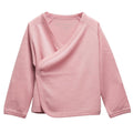 A light pink jersey merino long-sleeve baby wrap kimono cardigan with a V-neck and snap-button closure, shown flat on a white background.