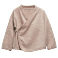 A baby jersey merino long-sleeve kimono wrap cardigan in a heathered light taupe-beige color, featuring a V-neck and snap-button closure, shown flat on a white background.