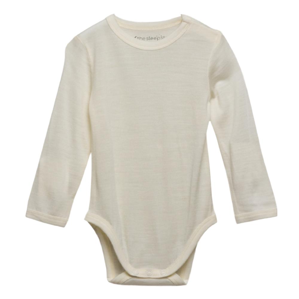Beige baby bodysuit with long sleeves on a white background