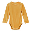 A mustard yellow jersey merino long-sleeve baby bodysuit with a crew neck, photographed flat against a solid white background.