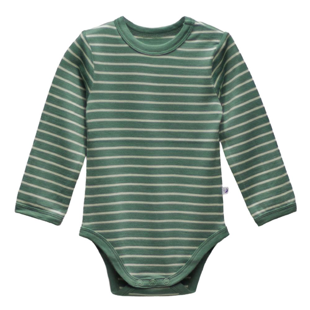 A long-sleeve jersey merino  baby bodysuit with horizontal stripes in sage green and white, featuring a crew neck and snap closures at the crotch.