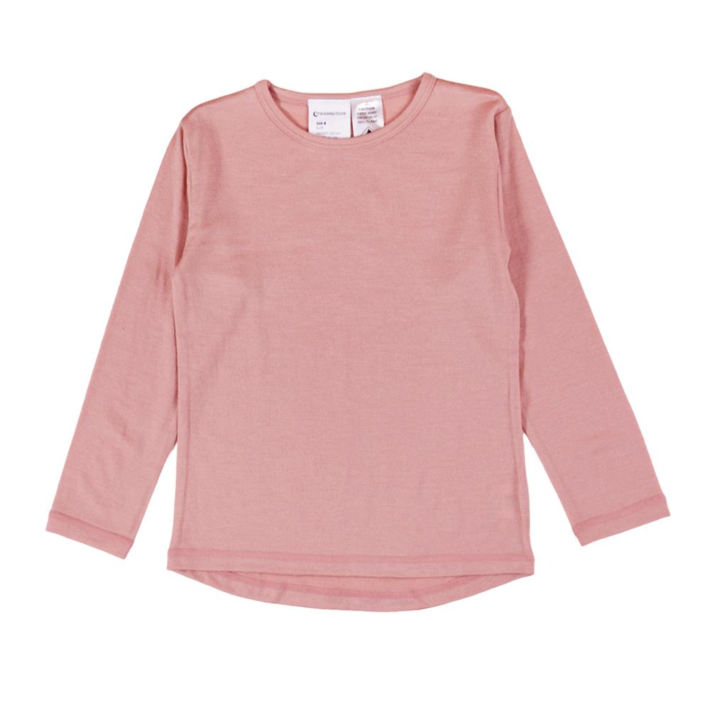 Merino pink children's long-sleeve shirt on a white background